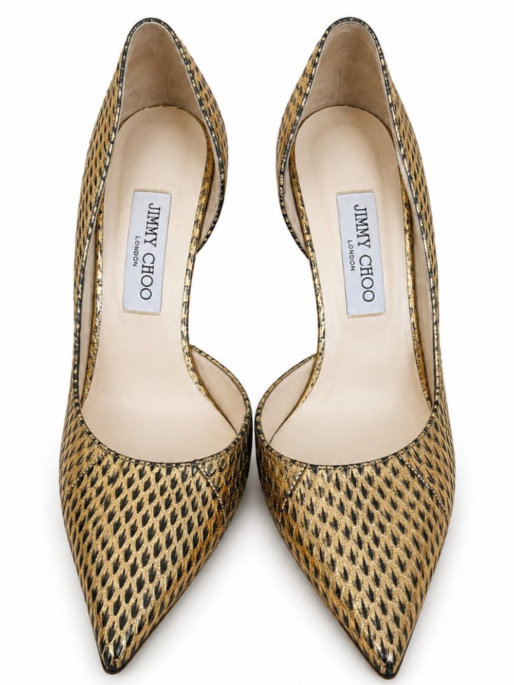 Jimmy Choo Willis Metallic Snakeskin D'Orsay Pumps EU 39.5 Gold Sculpted Heel